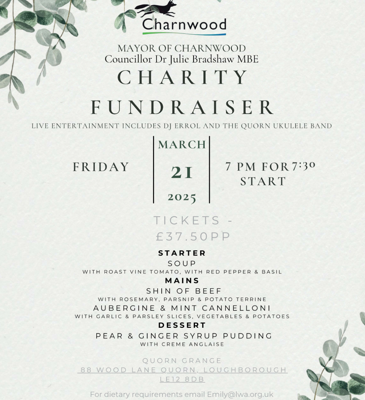 TICKETS ON SALE NOW FOR MAYOR OF CHARNWOOD’S CHARITY FUNDRAISER